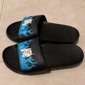 Ripndip Black Slides with Blue Flame & White Cat Motif